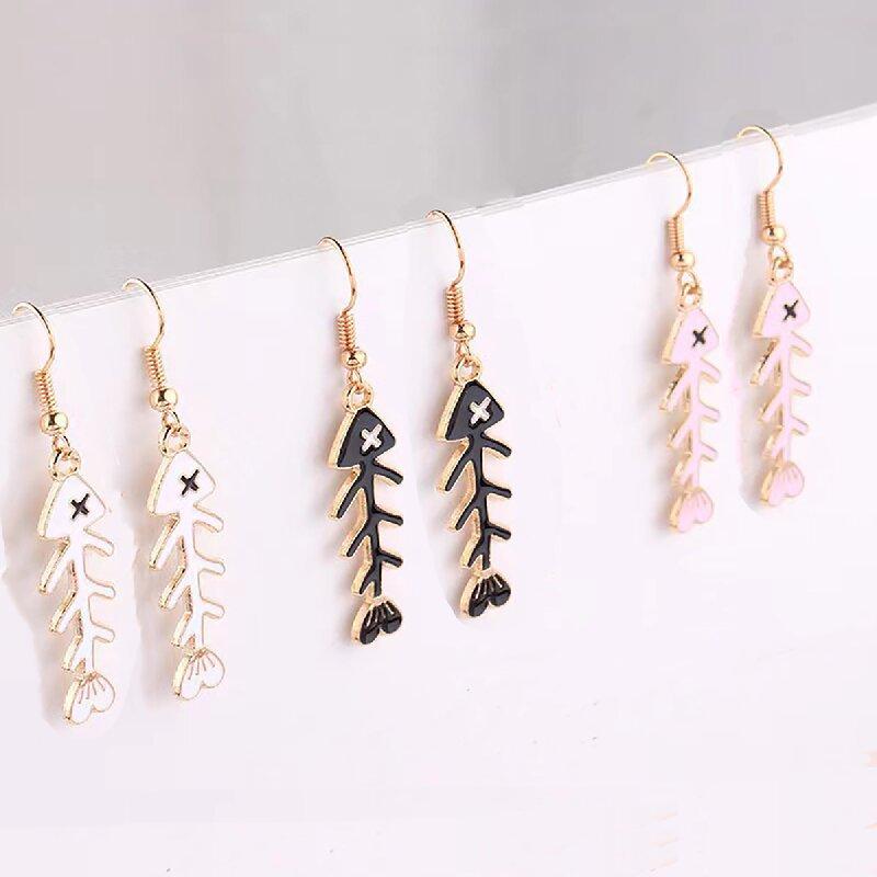 Women's Cute Cartoon Fishbone Dangle Earrings, Colorful Enamel Creative Fun Edgy Statement Fashion Jewelry