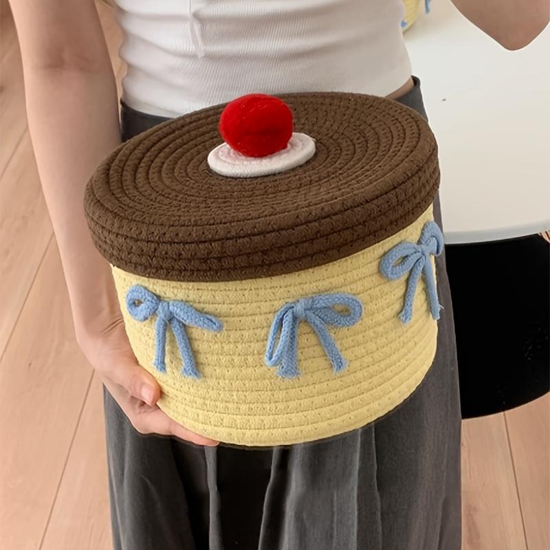 Handmade Woven Round Yellow Cute Yarn Storage Basket with Lid, Dustproof Desktop Organizer, Decorative Storage Box.