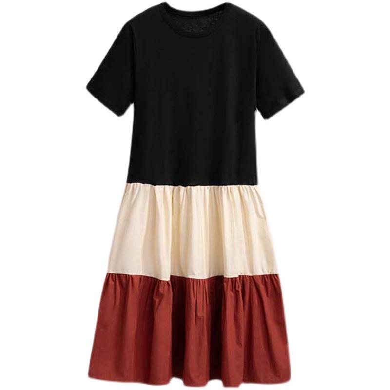 Women's Mid-Length A-line Patchwork Dress, Loose Fit, Short-Sleeved, Over-the-Knee, Summer Style