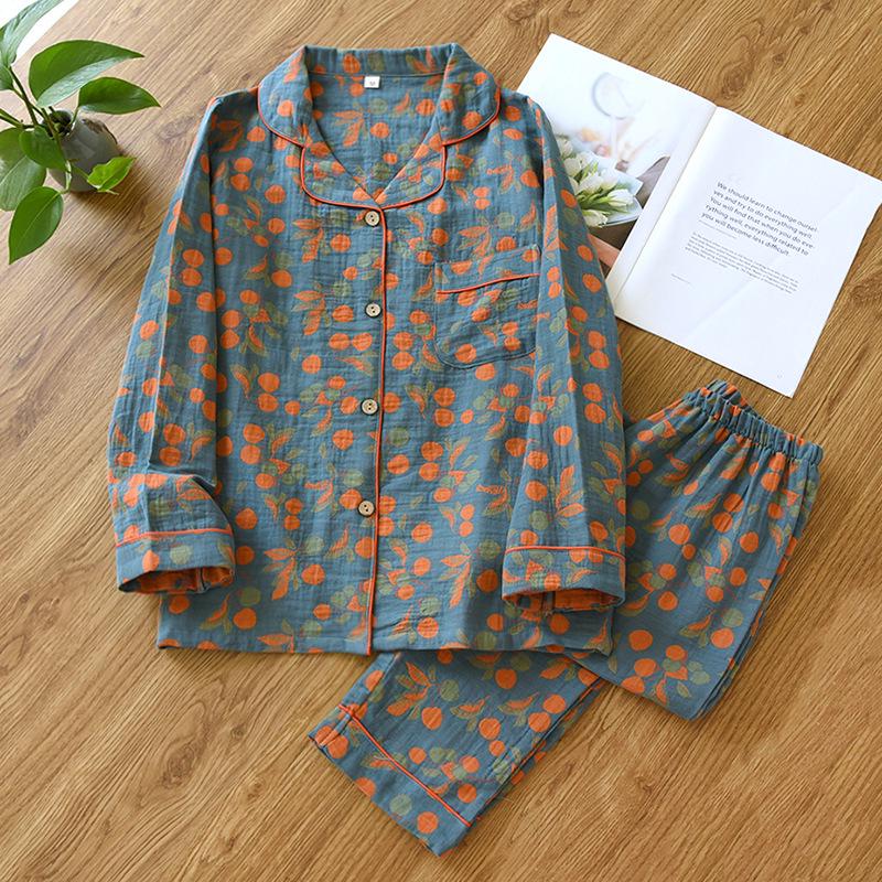 Women's Yarn-Dyed Jacquard Pajama Set: Pure Cotton Gauze, Long-Sleeved Cardigan for Spring, Summer, Autumn.