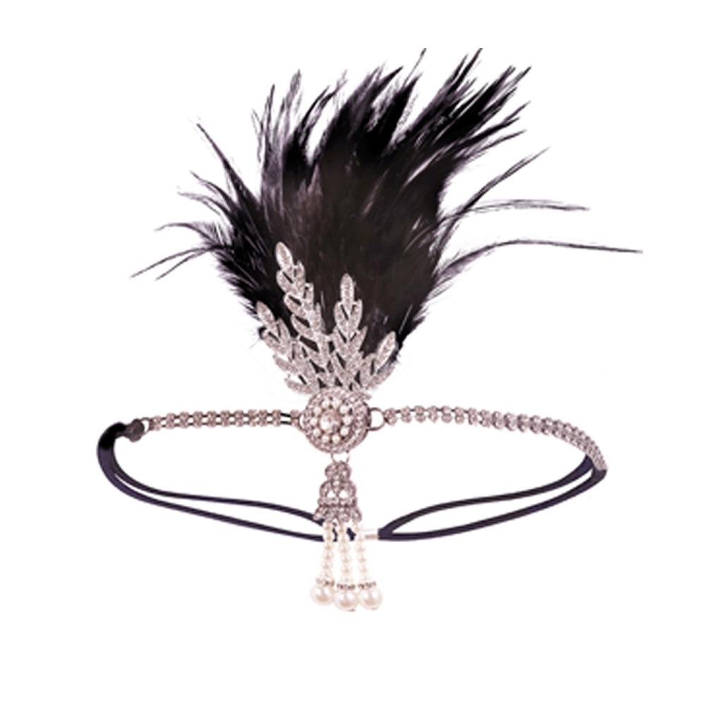 Women Vintage Feather Headband Black Rhinestone Beaded Sequin Hair Band Vintage Headpiece Flapper Feather Headdress