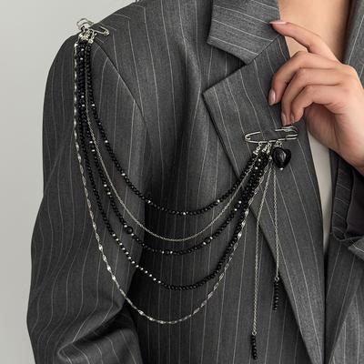 Ingemark Unieke Zwarte Kristallen Kralen Lange Broches Dames Trendy Meerlaagse Koperen Ketting Shirtkraag Pak Speld Accessoires