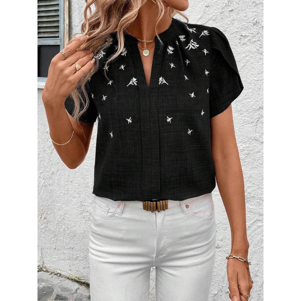 GMXIA Spring Summer Semi-open Collar Short Sleeve Shoulder Crepe Pullover Solid Color Printed Inch Shirt T Top Women