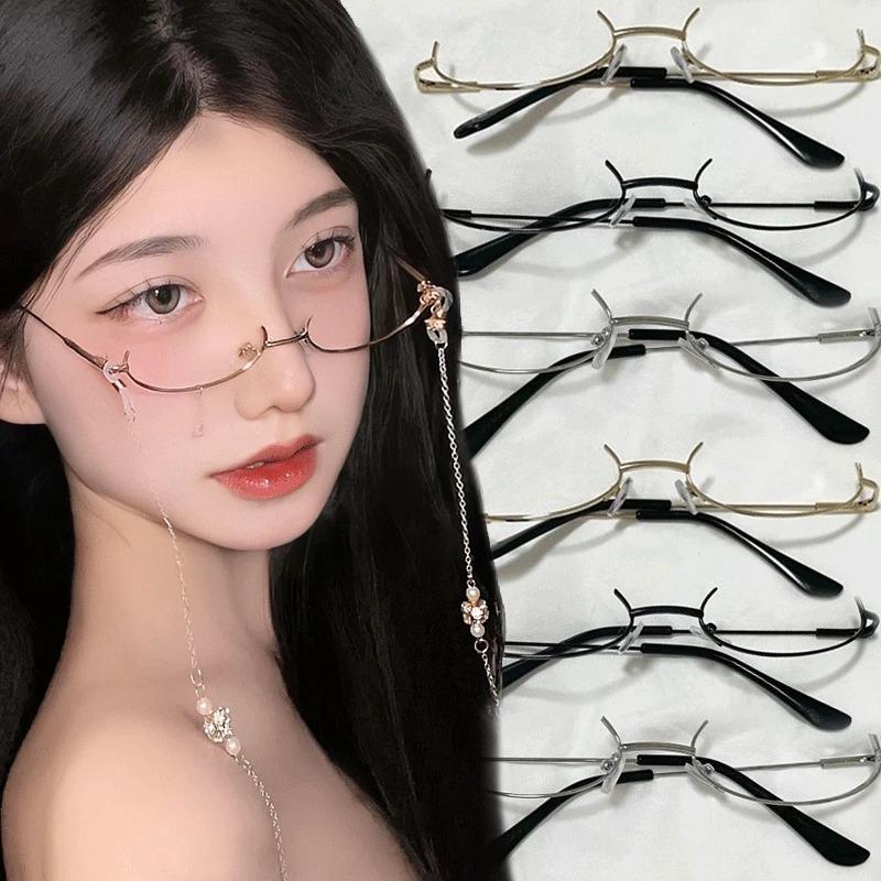Harajuku Half Frames Glasses Women Vintage Metal Oval No Lens Optical Spectacles Eyewear Girls Cosplay Pography Eyeglasses