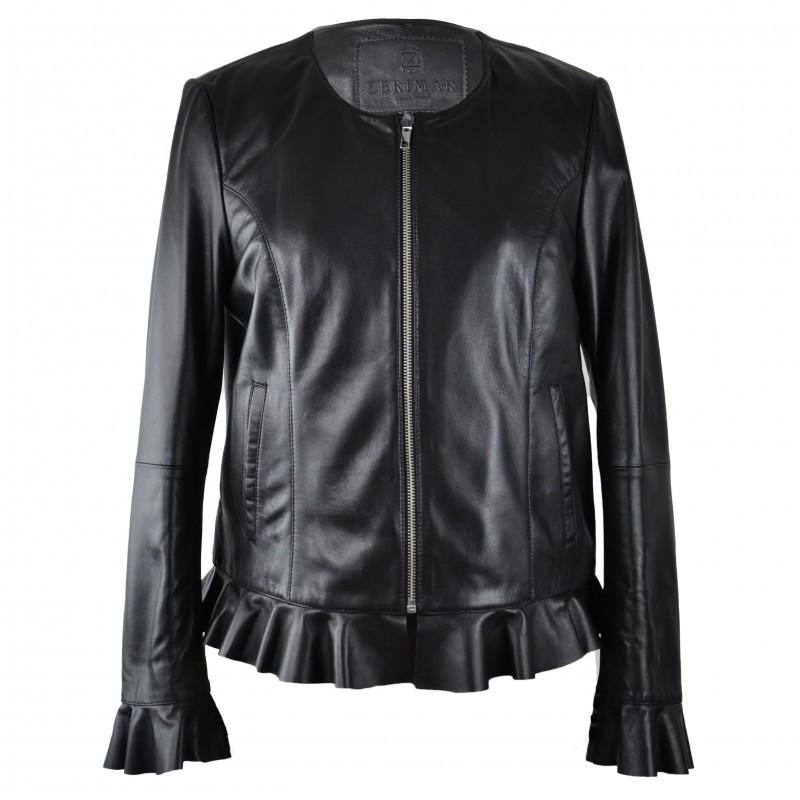 Buy Leather Jacket Without Collar and Hem with Ruffle at affordable