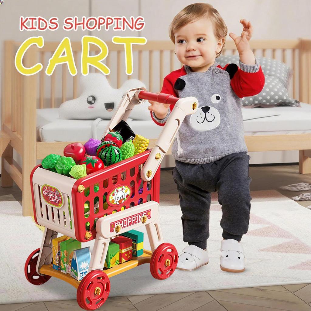 Grocery Cart for Kids Pretend Play Shopping Cart Playset Kitchen Toys Fake Food for Toddler Preschool Learning Activities Boys