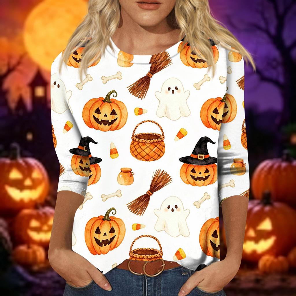 Women Casual Halloween Print Three Quarter Sleeve Round Neck Top Lightweight Comfortable Fit Fashionable Shirt for Everyday Wear
