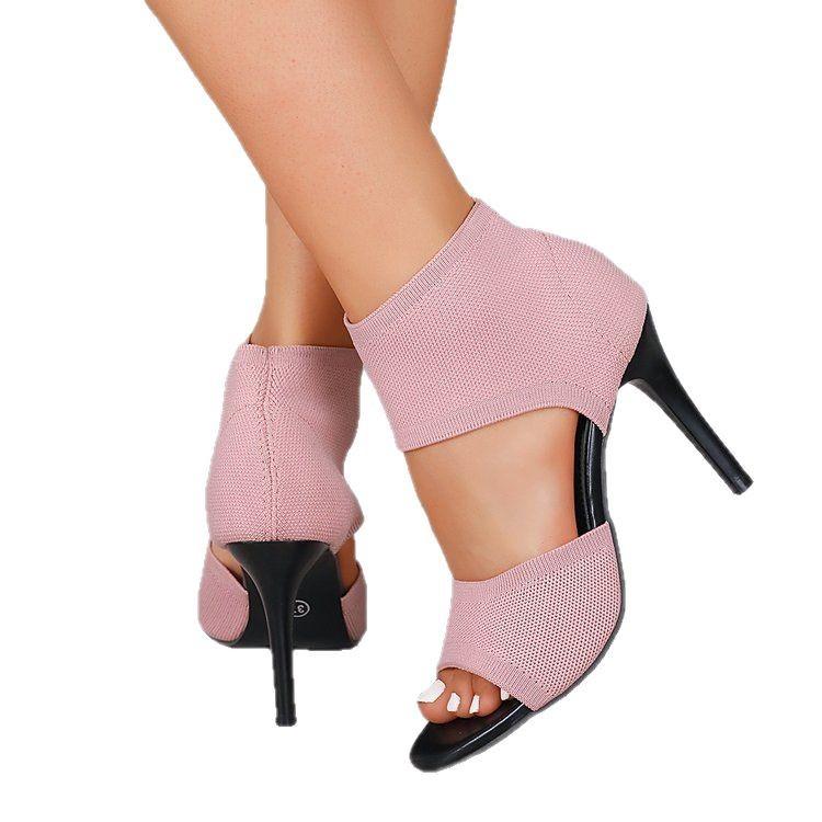 Large size high-heeled suede fly-woven fish mouth sandals summer new fashion European and American style hollow women's shoes