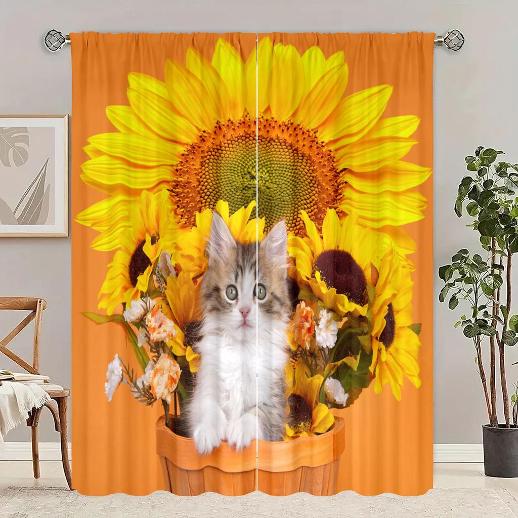 2 Pieces - Sunflower - Printed Curtain - Polyester Material - for Bedroom Living Room Study Anti-privacy Curtain