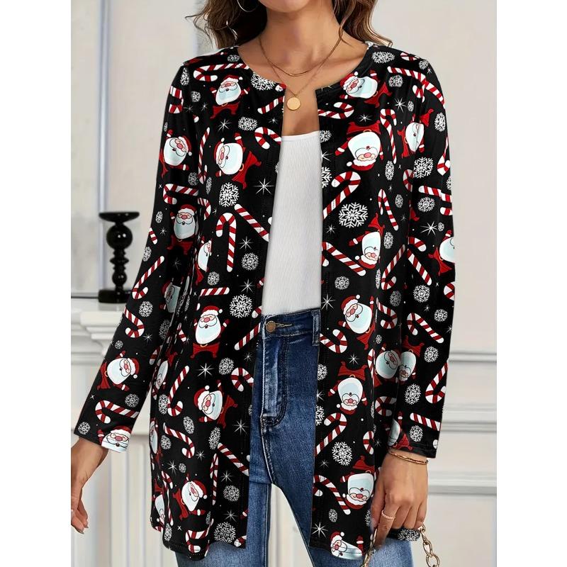 Women's Cute Christmas Santa Cane Print Cardigan, Long Sleeve Casual Holiday Outerwear,fashion christmas clothes ,leisure christmas outfit
