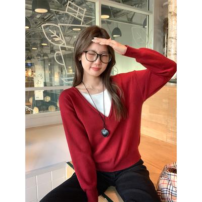 Roter Fake-Zweiteiler-Pullover für Damen Herbst und Winter neu locker hochwertig lässiger koreanischer Pullover langärmeliges Oberteil