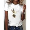 European size Women's Golden Hummingbird in Flight Print T-Shirt - Short Sleeve Crew Neck Casual Top, Medium Stretch Breathable Fabric