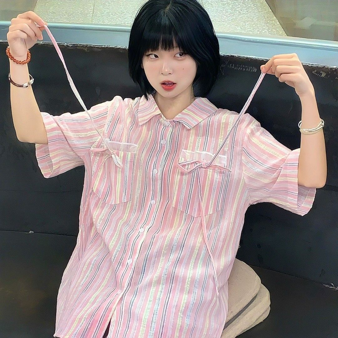 

Pink Striped Women s Short Sleeved Shirts Unique Pocket Design Sweet Blouse Korean Style Simple Casual Ladies Clothing S розовый