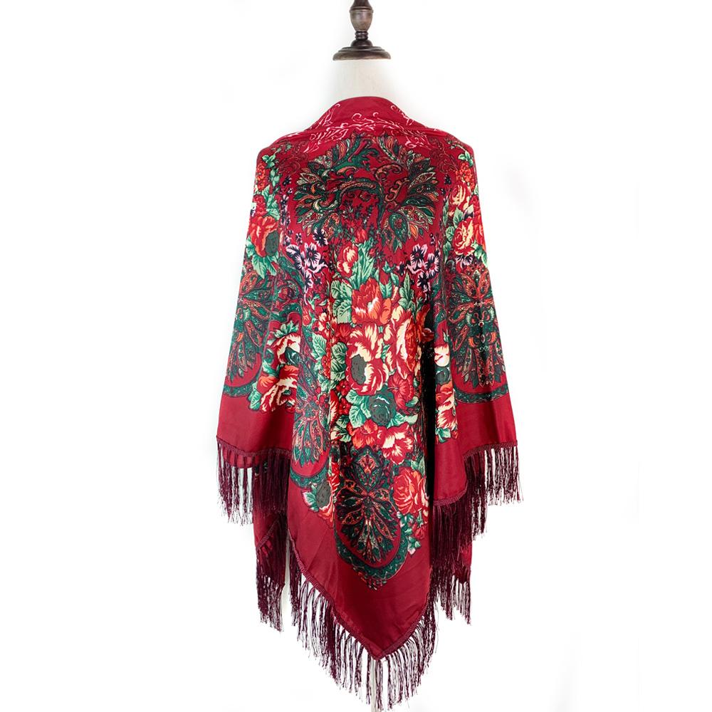 160*160cm Russian National Square Scarf Luxury Women Floral Print Ukrainian Shawl Retro Fringed Beach Travel Sunshade Shawls