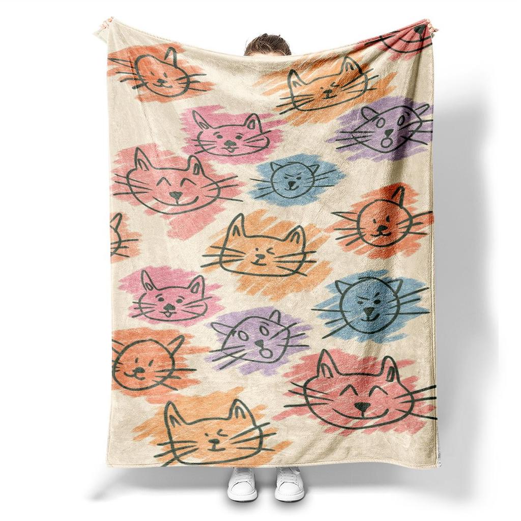Cute Cat Face Flannel Throw Blanket – Colorful Cartoon Design, Soft Cozy Fleece for Home, Office, Couch & Car
