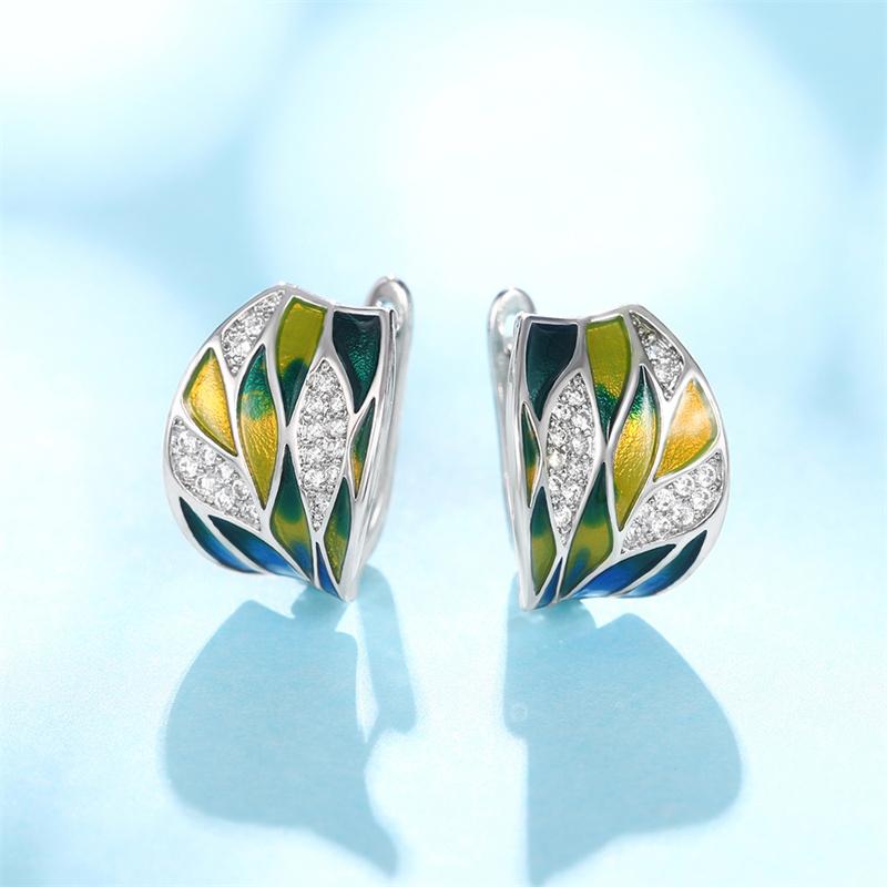 Huitan Temperament Women's Hoop Earrings for Anniversary Party Leaf Design Enamel Earrings Special-interested Jewelry