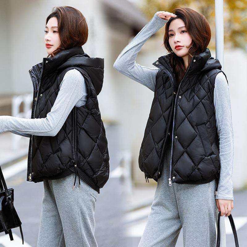 Jacket down cotton vest women's autumn and winter new temperament hooded cotton-padded vest short vest diamond