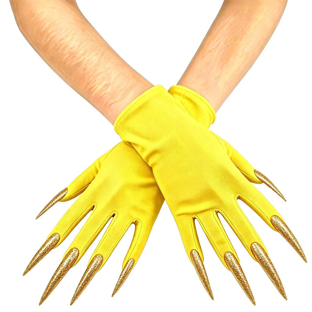 Dark Gloves with Long Nails for Halloween Witch Party, Short Stretch Fit