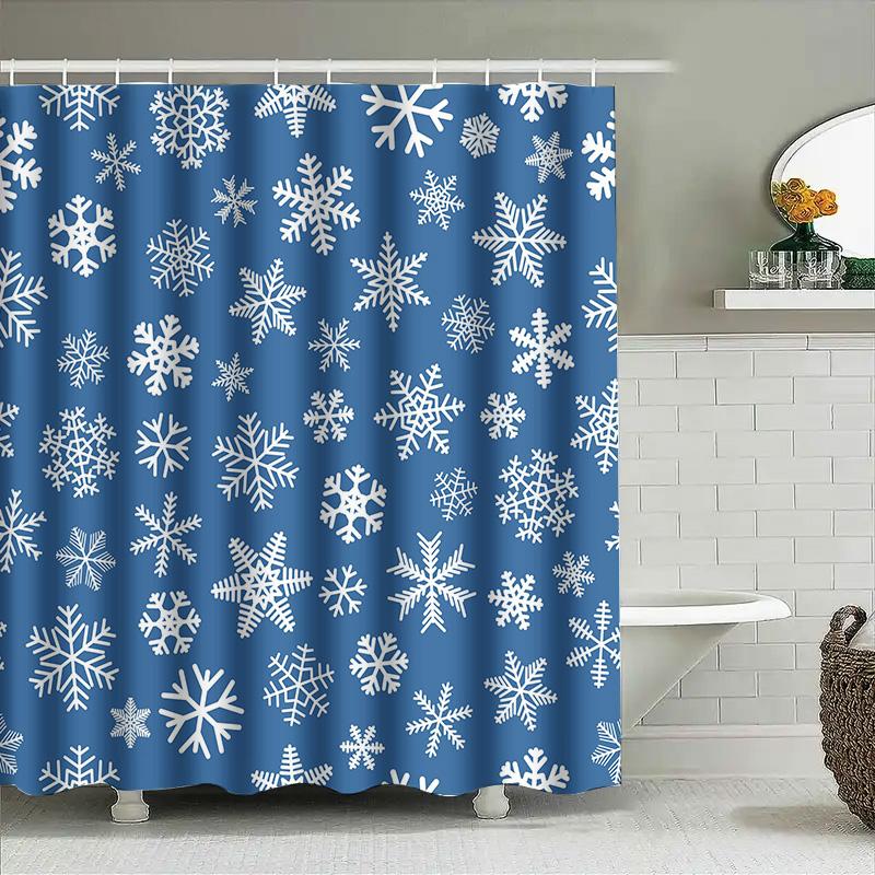 Blue White Snowflake Shower CurtainWaterproof, Non-Slip Bathtub Cover for Home Decor Washable Fabric with Hook Rings Set (89 x 7