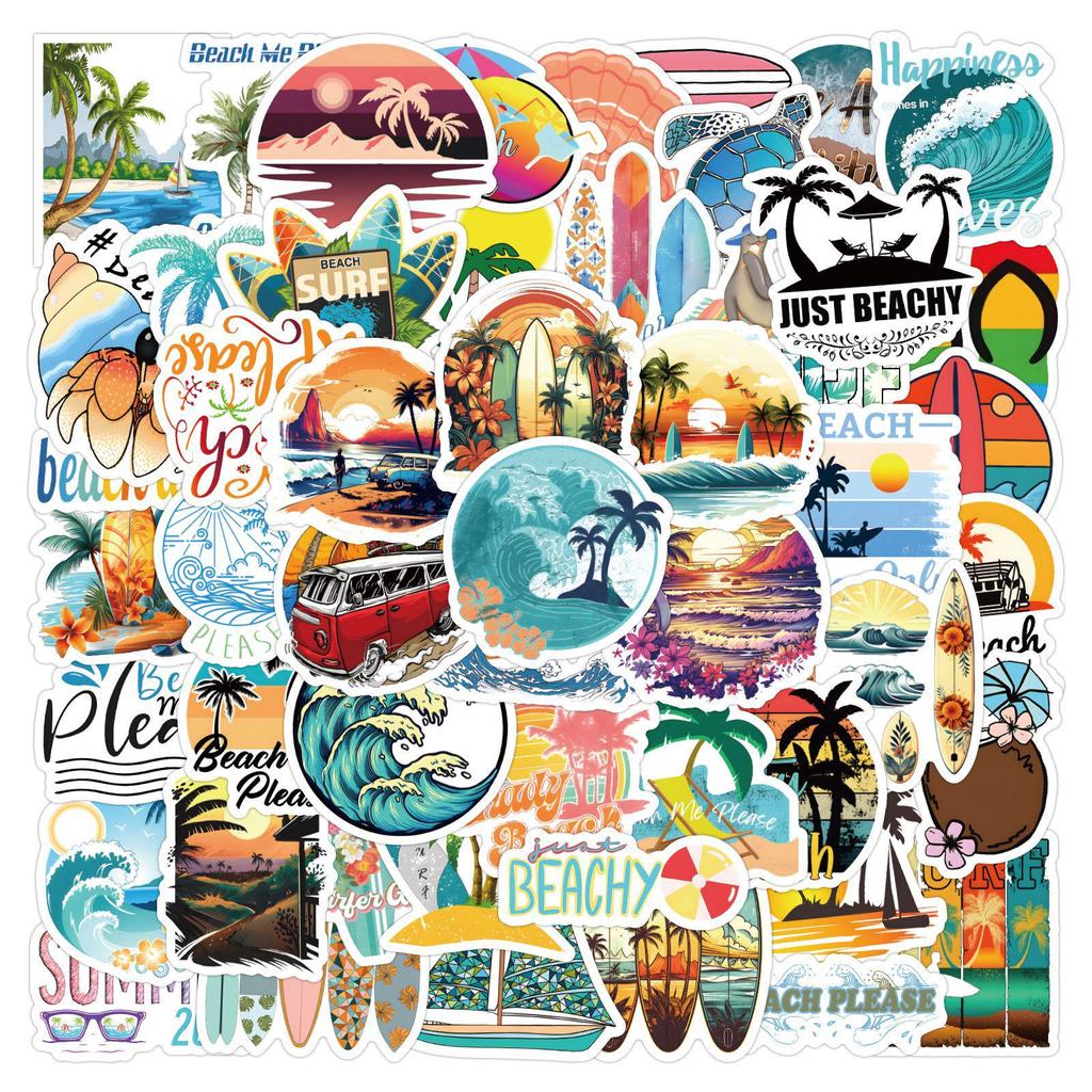 60 Cartoon Beach & Surf Stickers: Waterproof Decorations for Journals, Water Bottles, and Computers.