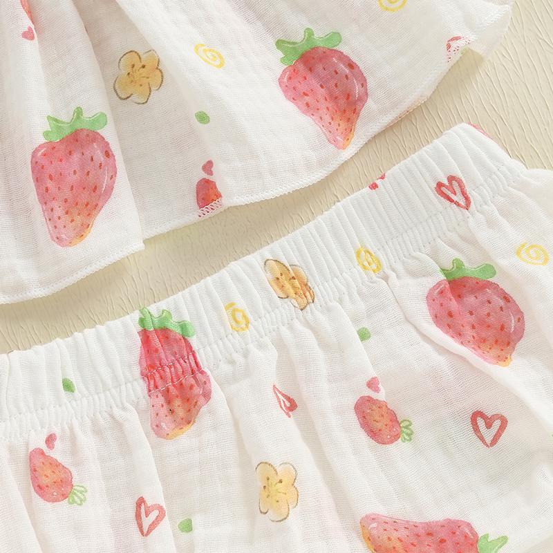 Newborn Baby Girl Summer Outfits Strawberry/Cherry/Lemon Print Fly Sleeve Tops Elastic Waist Shorts Headband 3Pcs Clothes Sets