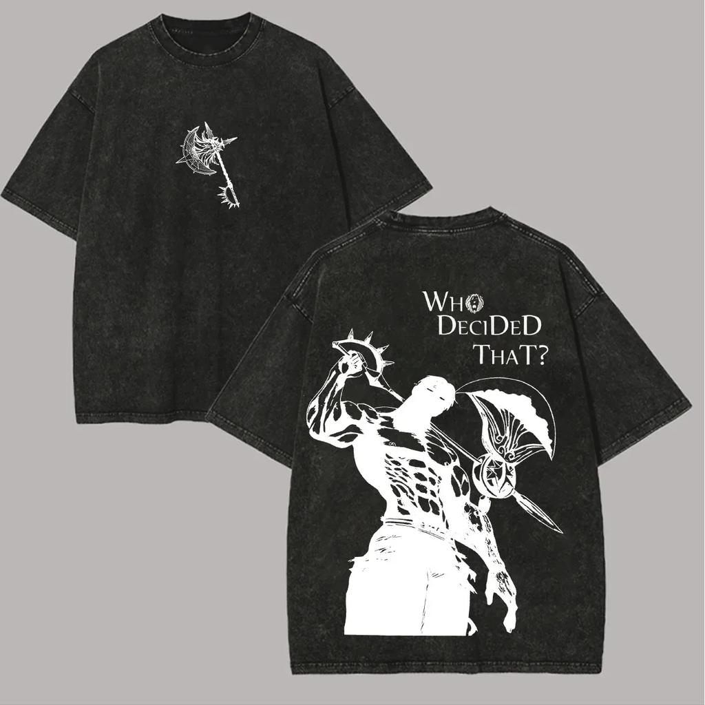 Anime-Liebhaber Sieben Todsünden Escanor Bedrucktes Unisex Gewaschenes Oversized T-Shirt Unisex Baumwolle Streetwear Kurzarm Unisex Kleidung