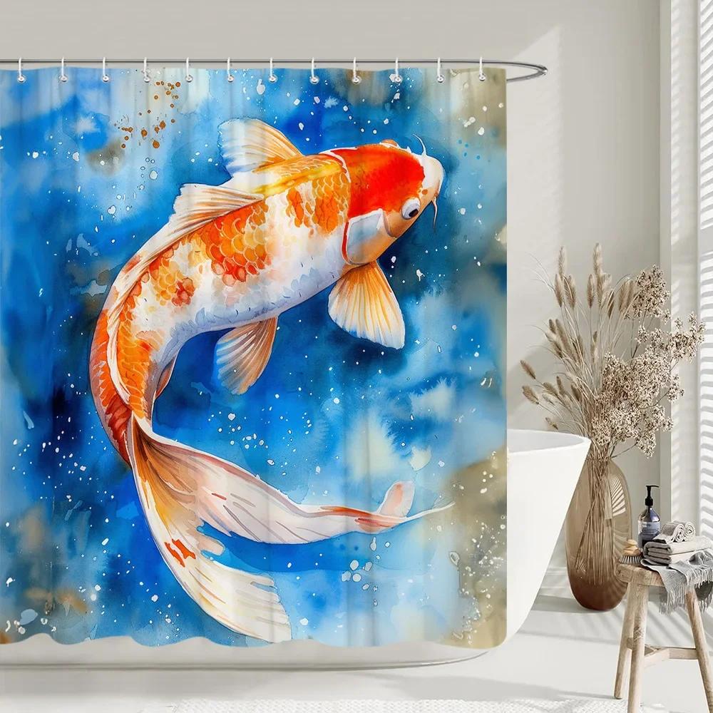 Zasłona prysznicowa w stylu chińskim Ryby Koi Kwiat Wiśni Słońce Fala Morska Ośmiornica Krajobraz Poliestrowa Zasłony Dekoracja Łazienki