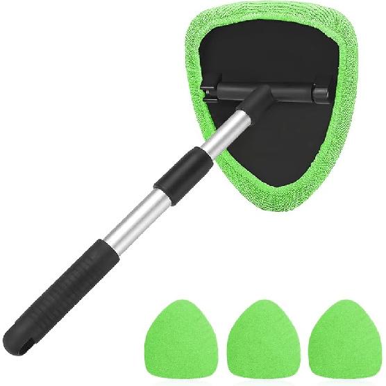 Windshield Cleaning Tool, Car Window Cleaner With Extendable Long Handle And 4 Washable Reusable Microfiber Pads, Auto Interior Exterior Glass Wiper