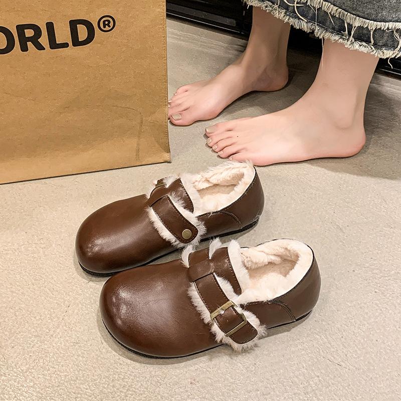 Fashion Women's Fashion Flat Shoes Winter New Round Head Deep Mouth Leather Soft Sole Anti-slip Wear-resistant Low Top Shoes