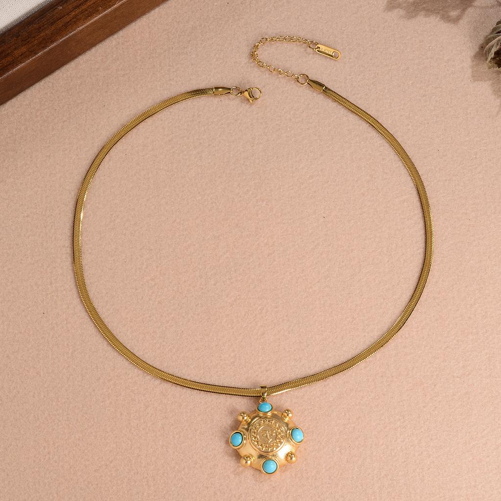 Vintage 18K Gold Plated Snake Chain Necklace with Turquoise Sun Pendant Choker Bohemian Jewelry for Women