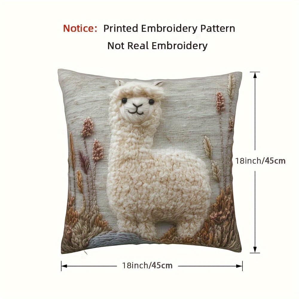2D Flat Printing Vintage Alpaca Embroidery Throw Pillow Cover -Non-real Embroidery, Soft Plush Polyester
