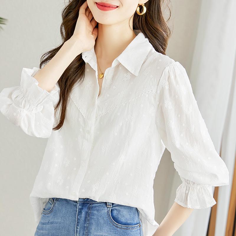 Women's Long Sleeve Pure Cotton Embroidered White Shirt - 2025 Spring Collection