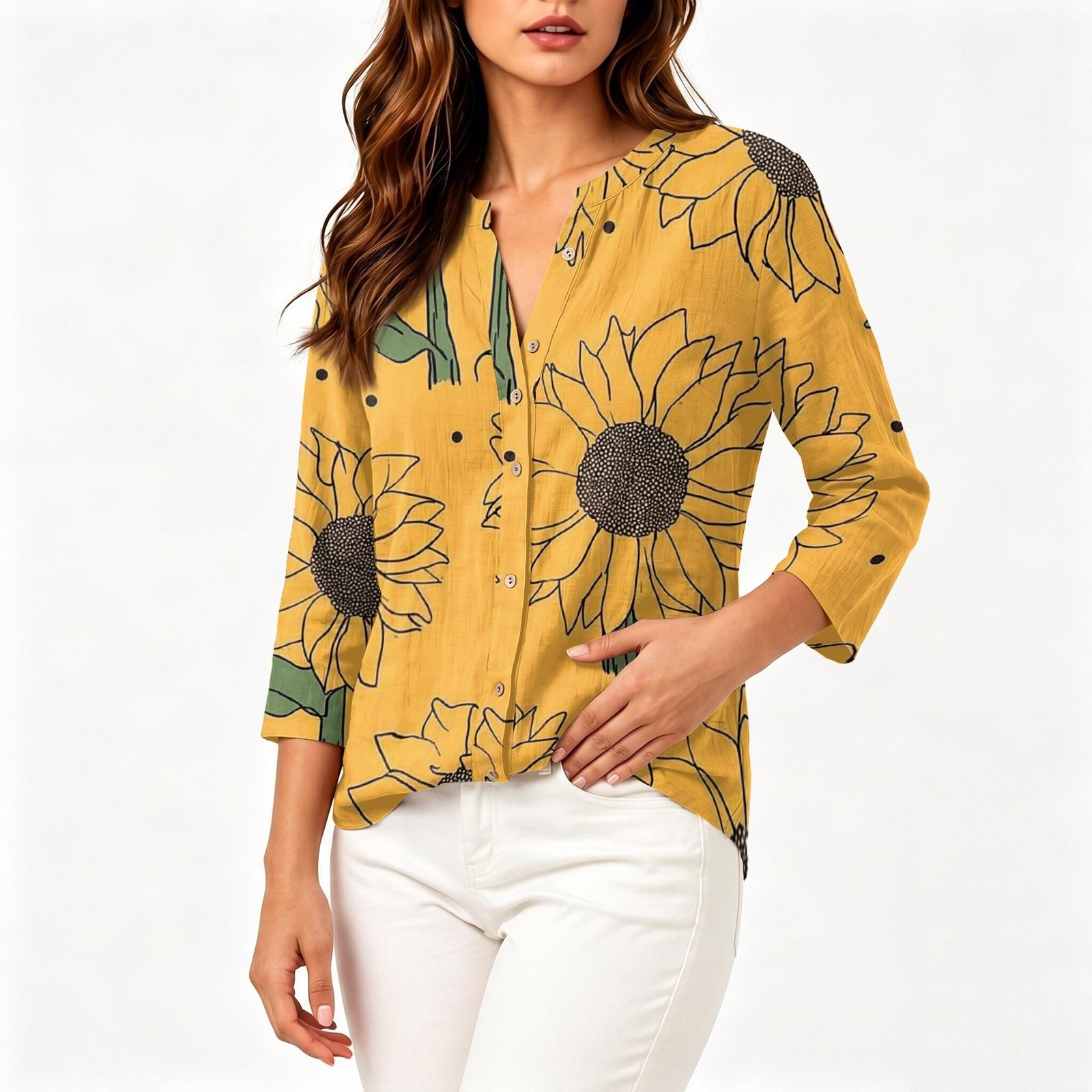 Women s Vintage Floral Print Henley Button Neck Shirt Three Quarter Sleeve Cotton Linen Blend Casual Top S
