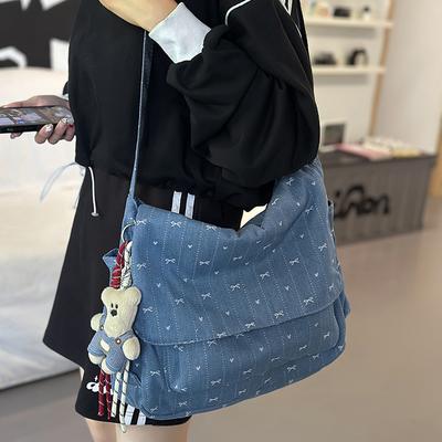 Denim Bag Women's Shoulder Bag Large Capacity Tote Bag Bow Print Commuter Crossbody Bag