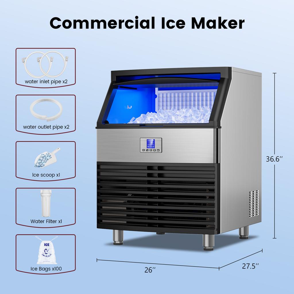 Commercial Ice Maker, 450lbs/24H, Ice Maker Machine, 96 Cubes in 12-15 Minutes, Freestanding Cabinet Maker with 120lbs Storage