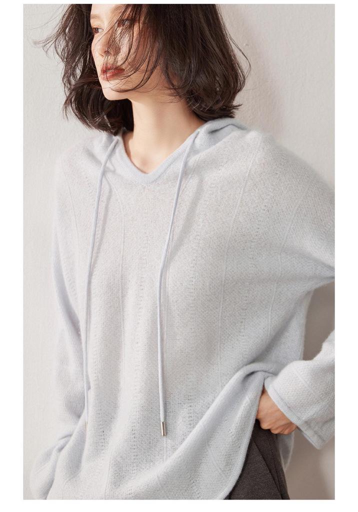 Women's Loose-Fit Cashmere Hooded Sweater - Winter 2026 New Arrival, Solid Color, Simple Style, Slimming Effect