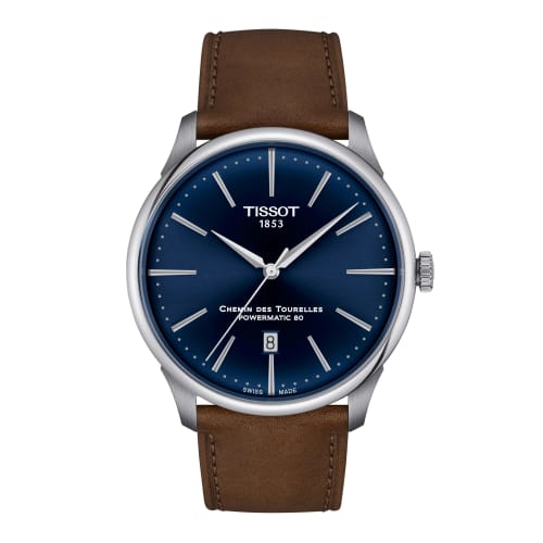 

Tissot Chemin des Tourelles Powermatic 80 42mm Watch with Leather Strap and Blue Dial, Officially Imported, Men s, Model T1394071604100
