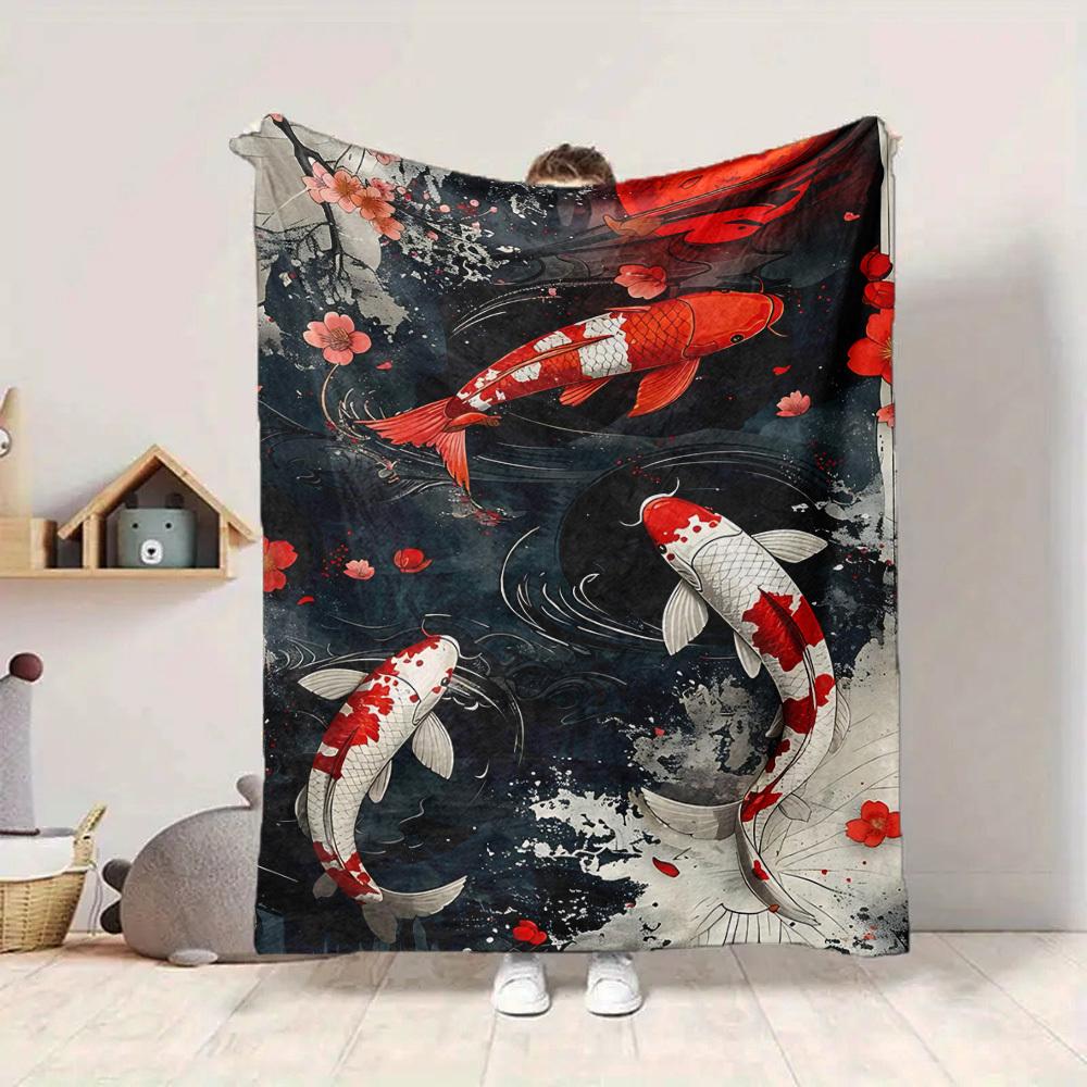 1PC Koi Fish Pond Blanket, Throw For Sofa, Bed, Travel, Camping, Livingroom, And Bed, Printing Blanket With Soft And Warm Fabric yy250918197