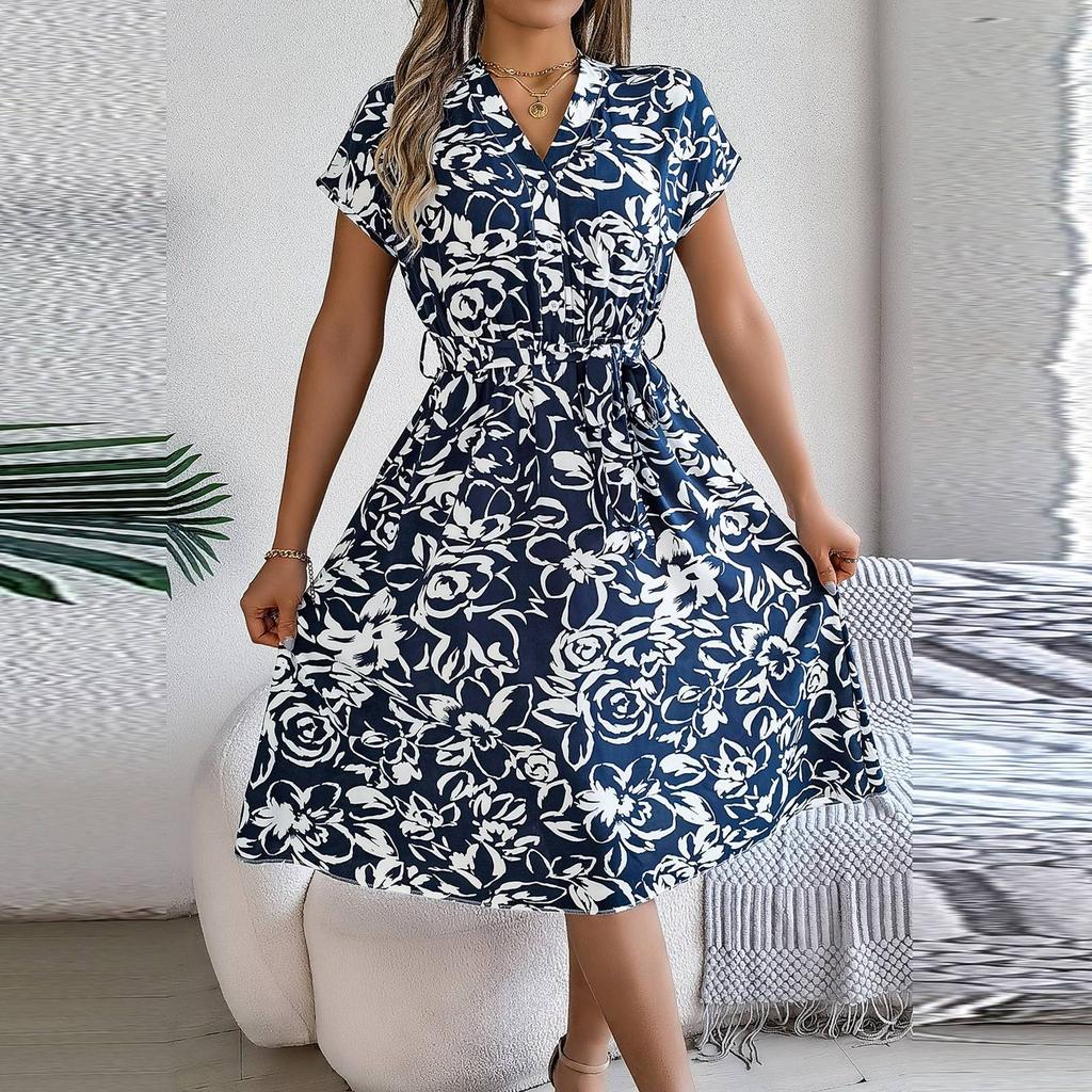 Elegant Women Floral Print Retro Dress Spring Summer V Neck Short Sleeve Casual Dress Belt Waist Bohemian Beach Dress Vestidos