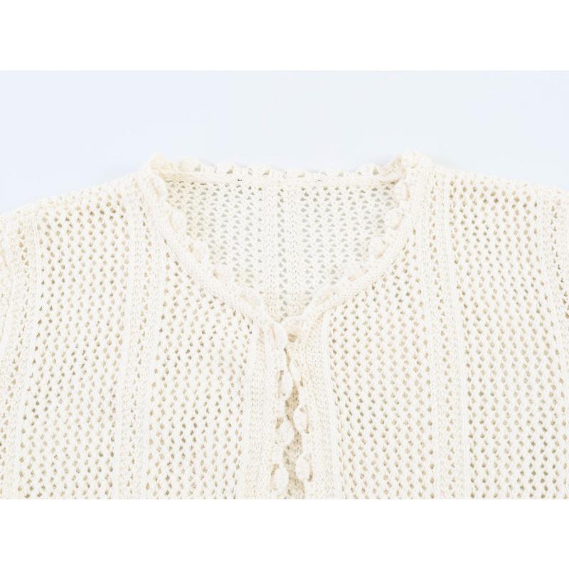 Women Long Sleeve Crew Neck Hollow Knit Cardigan
