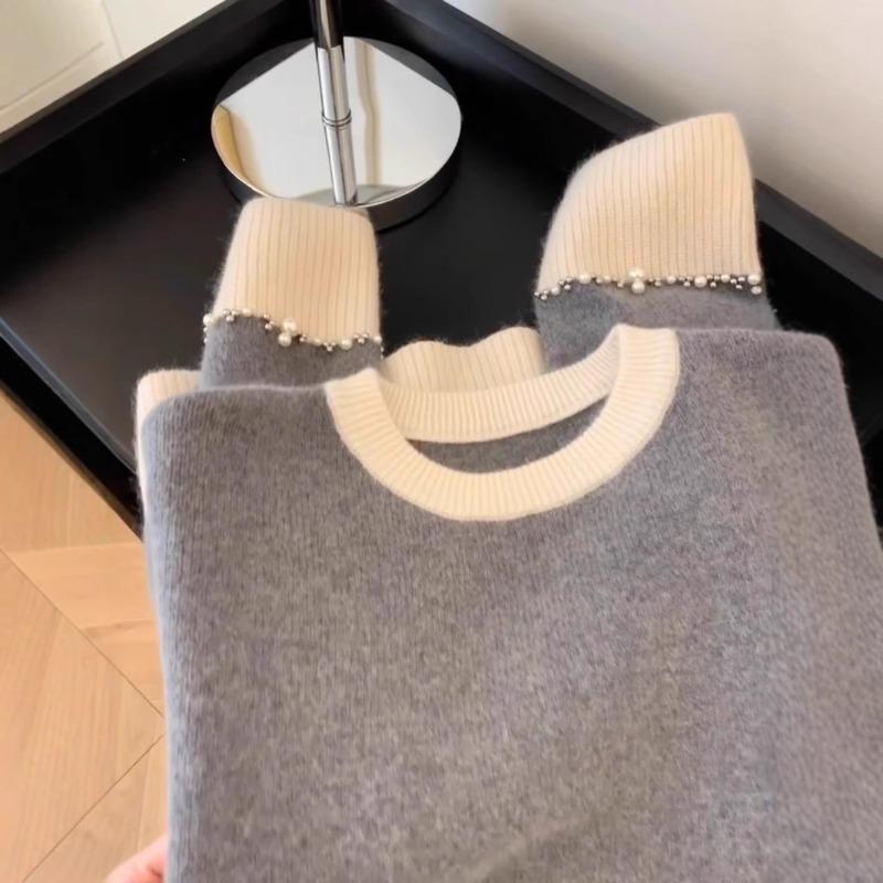 Fauler Wind lockerer Farbblock-Pullover Pullover Damen Herbst und Winter Design-Sinn Nische Bündelmanschetten Perlen