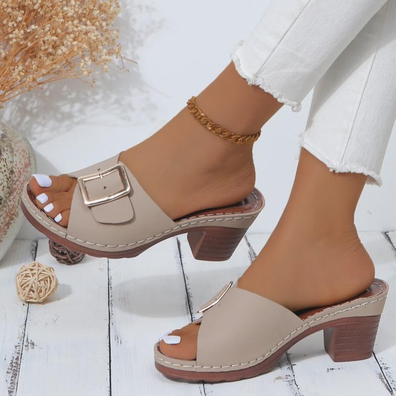 Summer new large size one-word fashion wear metal buckle sandals women's high-heeled slippers