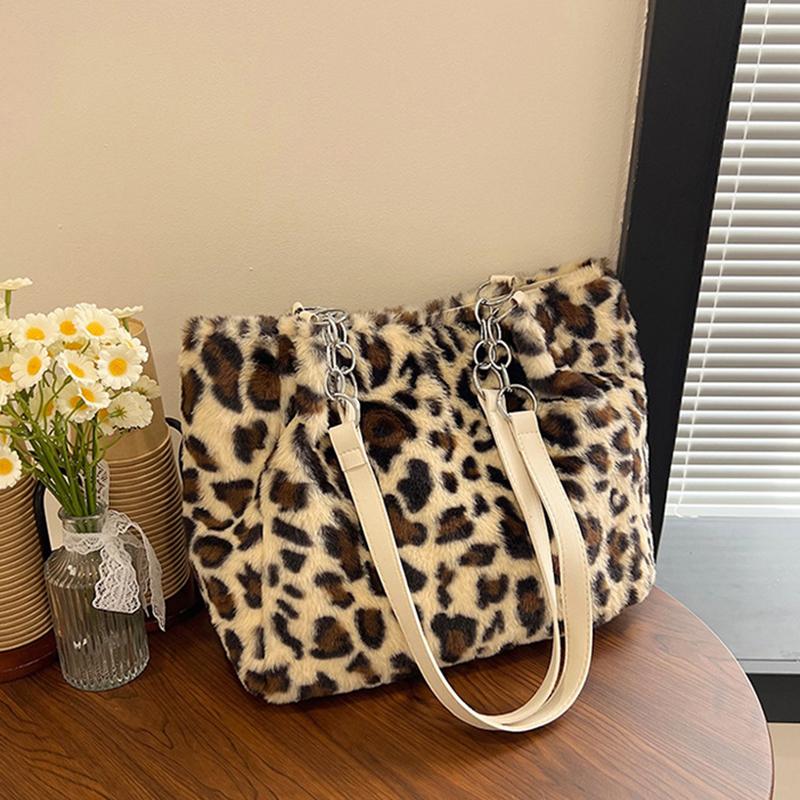

Winter Fashion Leopard Print Plush Women s Bags Are Versatile Casual Trendy Premium Texture Large Capacity Shoulder Handbag 30x12.5x24.5cm білий