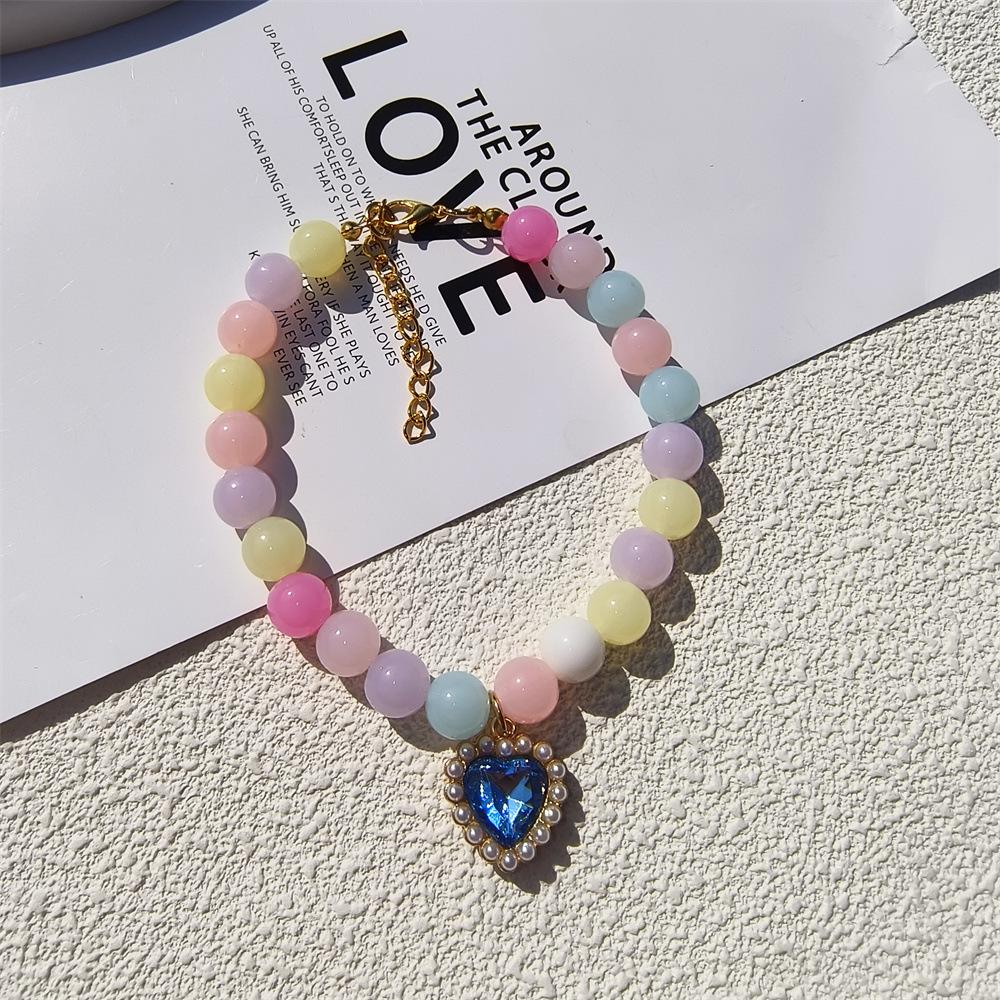 Personalized cat and dog pet handmade necklace collar beaded rhinestone heart cute pearl pendant accessories princess style