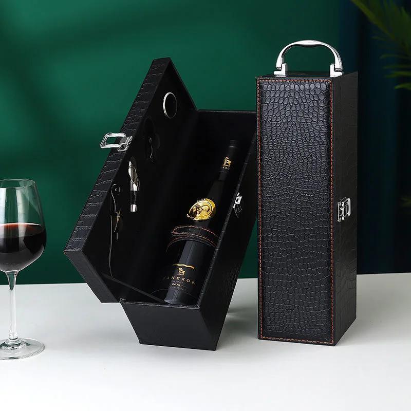 Classic PU Leather Single Red Wine Holder Luxury Ring Paper Cutter Seahorse Knife Pourer Wooden Packing Box Gift