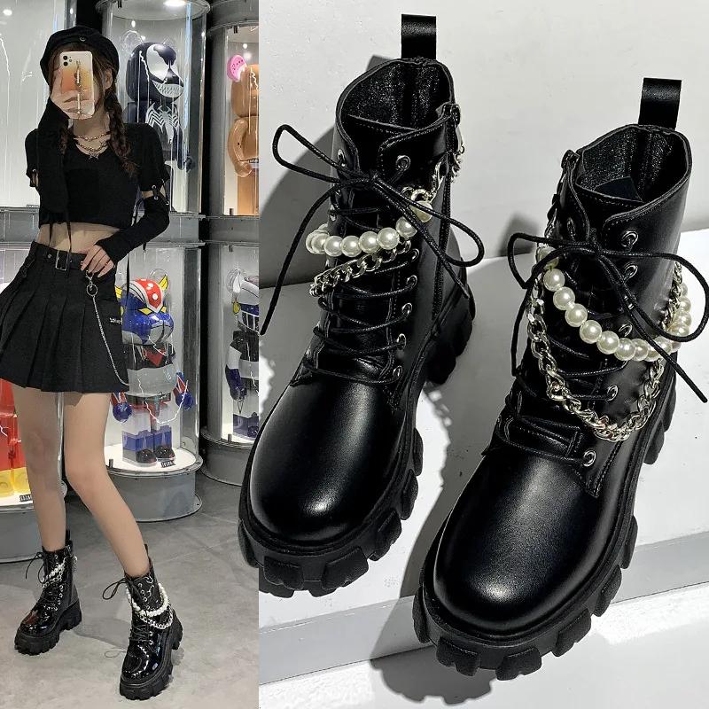 Fashion Autumn Winter Platform Leather Pearl Chain Women's Motorcycle Boots Designer Soft-soled Ladies Shoes Fashion Ankle Boots Female