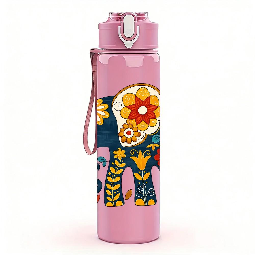1PC Colorful Elephant Ornament Art Print 750ml Color Plastic Sports Water Bottle Leakproof Flip Straw Lid Suitable for Sports Office Home Use