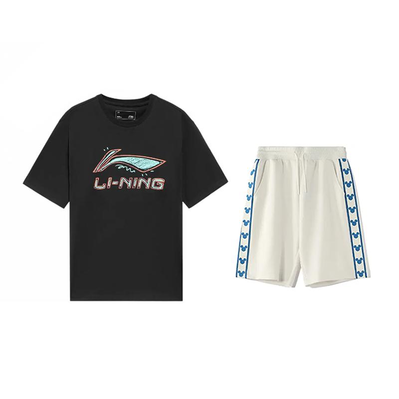

Li-Ning Graffiti Logo Print Round Neck Short Sleeve T-Shirt Comfortable Versatile Skin-Friendly Shorts Casual Sports Set AHSUB03-1+YKSV129-1 S
