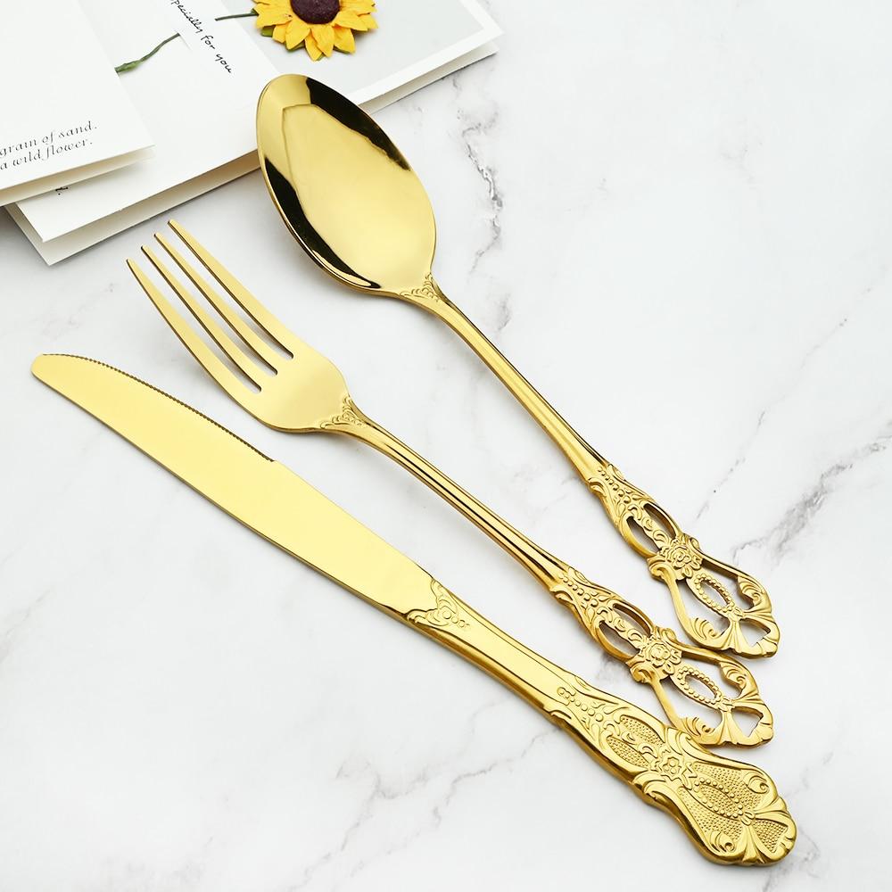 Royal 6/30Pcs Gold Dinnerware Knife Fork Long Ice Spoons Flatware Stainless Steel Cutlery Set Kitchen Silverware Tableware Set