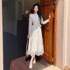 Elegant Crochet Lace Prom Party Dress Women's O Neck Long Sleeve Embroidery Flower Hollow Out A-Line Long Dress